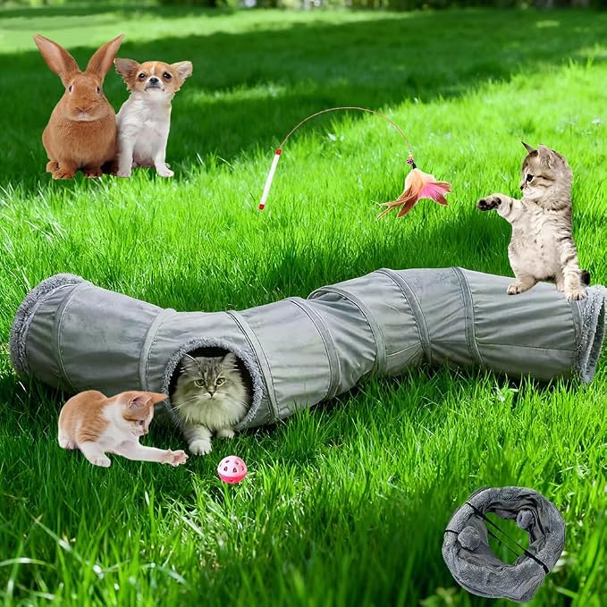 2-Way Collapsible Cat Tunnel Tube Toy Pack— Interactive Play Tunnel with Peek Holes, Ball and Wand Toy for Indoor Cats, Kittens, Puppies & Rabbits | Hours of Fun & Exercise