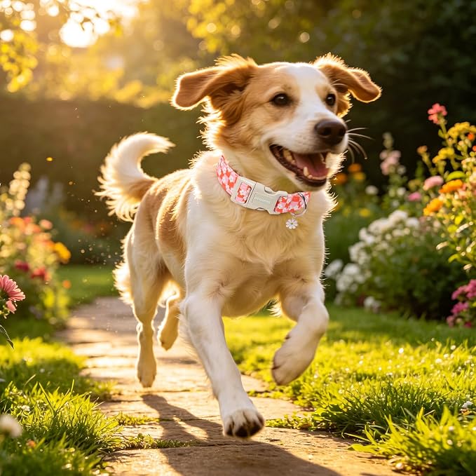 DOGWONG Pink Checked Dog Collar for Large Dogs, Flower Girl Dog Collars, Floral Pink Girly Dogs Collars for Large Dogs, Neck 42-66 inches