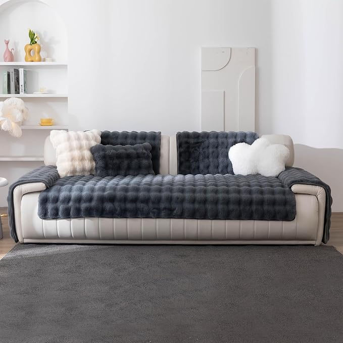 Faux Fur Couch Cover, Soft Warm Plush Sofa Couch Cover, Non Slip Sectional Sofa Slipcovers for L Shaped, Washable Furniture Protector for Kids, Dogs(Dark Gray, 36"x 71")