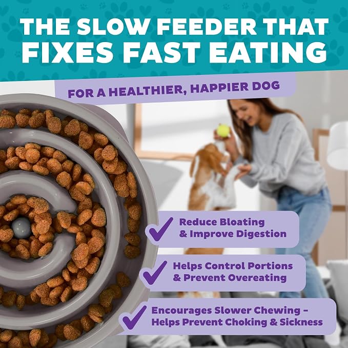 Outward Hound Fun Feeder Slo Bowl – Medium 2‑Cup Capacity,Slow Feeding,Small to Medium Dogs & Cats,Non-Slip,Gray,Drop Pattern,(Pack of 12)