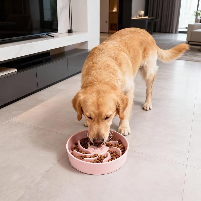 Ceramic Slow Feeder Dog Bowl, 3 Cup Dog Food or 25oz Water, Slow Eating Bowl for Middle Breed, Maze Puzzle Feeder for Fast Eaters, Anti-Choking Stop Bloat, Non-Slip BPA Free (Pink)