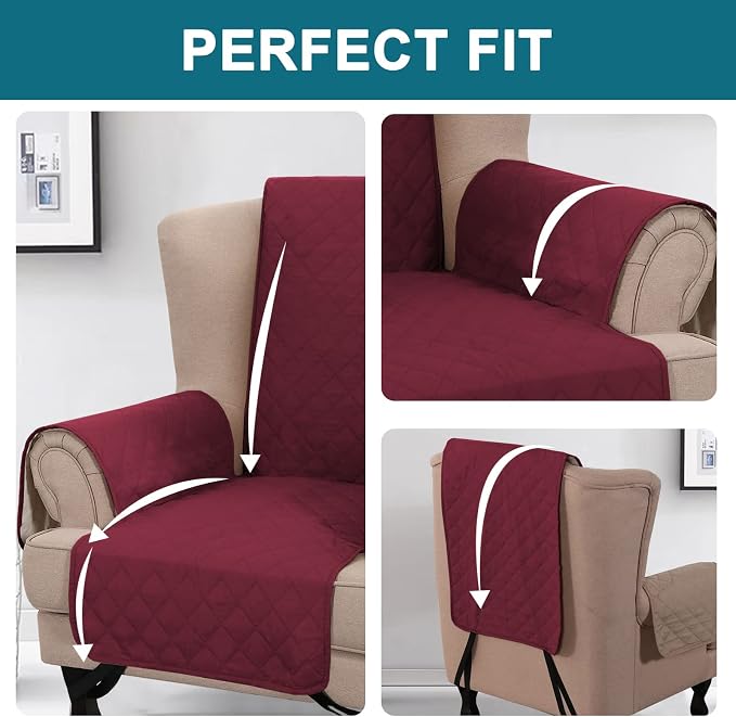 Turquoize 100% Waterproof Wing Chair Cover Wing Armchair Slipcovers Chair Couch Protector Triple Non-Slip Sofa Slipcover for Wing Chair Furniture Protector for Pets, Kids,Dog (Wing Chair, Burgundy)