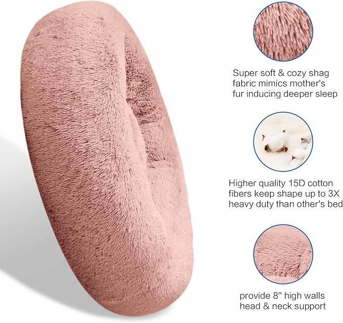 SAVFOX 23 inches Calming Donut Dog Bed - 3X Durable Plush Faux Fur, Machine Washable & Non-Slip, Fits up to 25 lbs, Pink