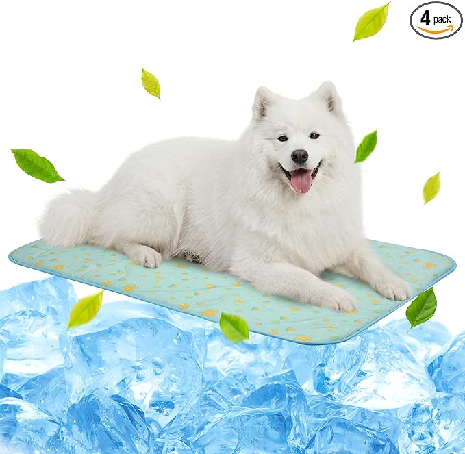 NWK Pack of 4 Pet Cooling Mat for Large Dogs -Q-Max>0.345 Ice Silk Cooling Mat for Dogs & Cats Portable & Washable Pet Cooling Blanket for Summer (4pcs, Green Fruit, 39'' X 27'' X 0.3'')