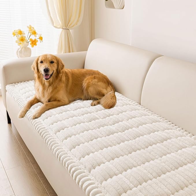 hyha Couch Cover for Dogs Washable, Non Slip Thick Flannel Sofa Protector, Pet Friendly Plush Furniture Cover for Sectional Sofa & Loveseat (White, 43" x 63")