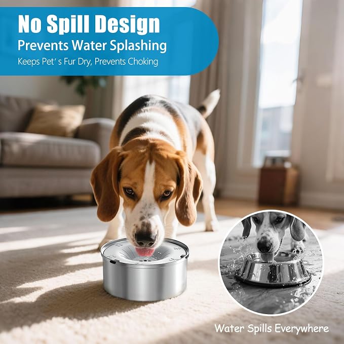 SCHITEC Dog Water Bowl No Spill 40oz/1.2L Slow Drinking Anti-Splash Stainless Steel Dog Bowl with Floating Disk, Spill Proof Pet Travel Water Dispenser for Sloppy Messy Drinkers(Light Gray)