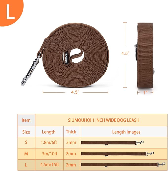 Strong Durable Nylon Dog Training Leash, 1 Inch Wide Traction Rope, 6 ft 10ft 15ft Long, for Small and Medium Dog (Brown, 15 Feet)