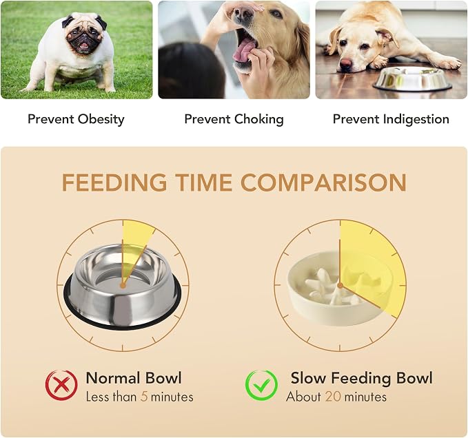 Havniva 7.3” Raised Slow Feeder Dog Bowls Set, 1.2 Cups Ceramic Slow Feeder Dog Bowl and 6.1” Dog Water Bowl with Elevated Wooden Stand Puzzle Dog Food Bowl for Small Dogs Anti-Gulping & Anti-Choking