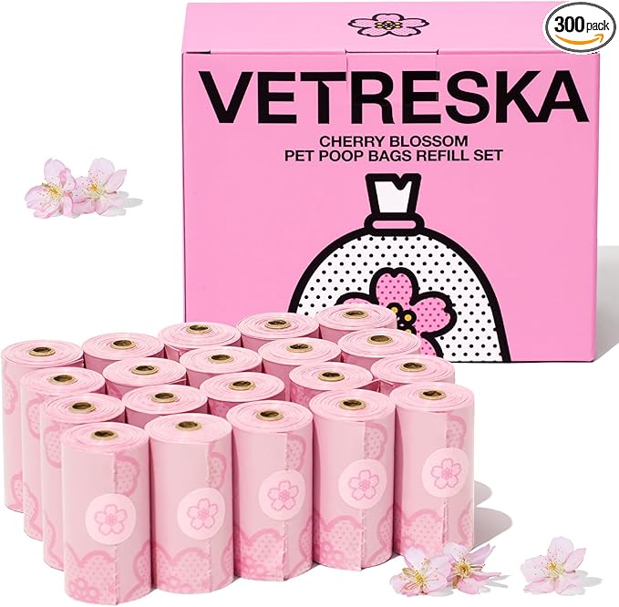 VETRESKA Cherry Blossom Scented Dog Poop Bags, Leak Proof, Extra Thick and Large Pet Waste Bags for Dog Walking and Cat Litter, 20 Refill Rolls, 300 Bags, Pink