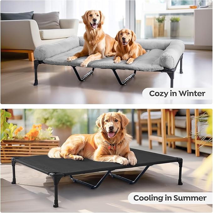Veehoo Orthopedic Elevated Dog Bed with Fluffy Plush Bolster Cushion, Indoor Raised Dog Beds for Large Dogs, Soft Pet Sofa Cot with Removable Washable Mat, No-Slip Feet, 59 x 37 inches, Grey