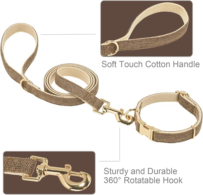 Soft Dog Collar and Leash Set Adjustable Woven Tweed Dog Collars with Metal Buckle and Lead for Small Medium Large Dogs,Coffee