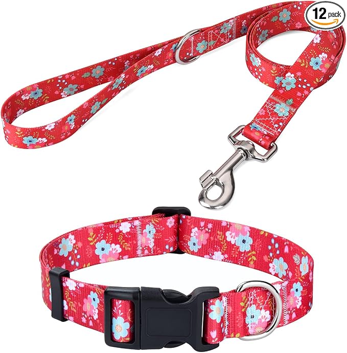 Mihqy Dog Collar and Leash Set with Bohemia Floral Tribal Geometric Patterns - Soft Ethnic Style Collar Adjustable for Small Medium Large Dogs(Red Floral Set,XS)
