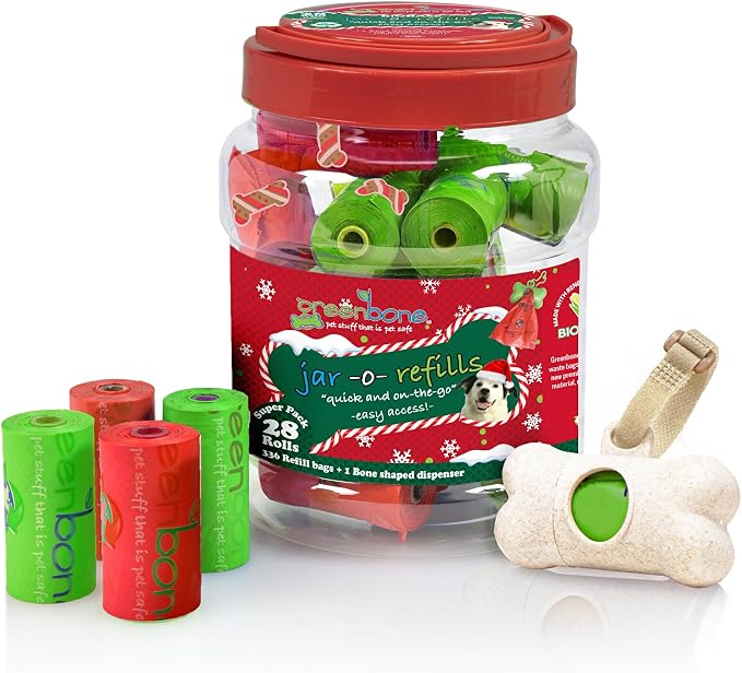 Greenbone Jar-O-Refills Dog Poop Bags & Dispenser, 28 Rolls - 336 Bags - Holiday Edition