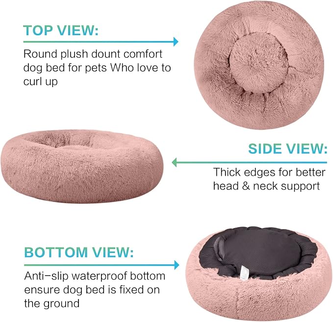 SAVFOX 20 inches Calming Donut Dog Bed - 3X Durable Plush Faux Fur, Machine Washable & Non-Slip, Fits up to 15 lbs, Pink