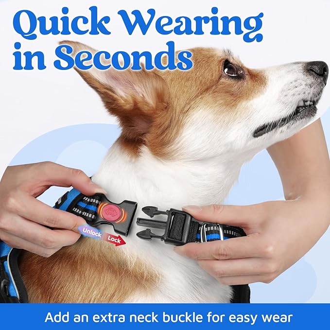 rabbitgoo Dog Harness Medium Sized, 3 Buckles Easy On & Off No Pull Pet Vest, Soft Padded Walking Pet Harness with Control Handle, Adjustable and Reflective, Blue, M