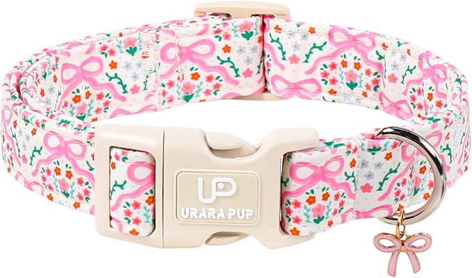 Cute Floral Cotton Dog Collar with Pink Bow Charm, Soft Adjustable Puppy Collar with Durable Quick Release Buckle for Small Medium Dogs Girl Pets
