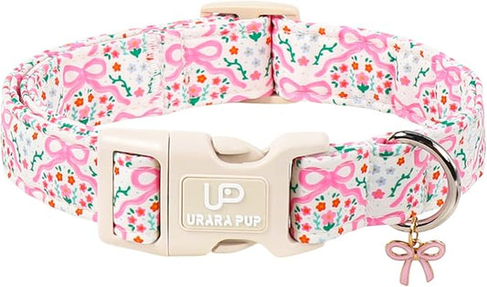Cute Floral Cotton Dog Collar with Pink Bow Charm, Soft Adjustable Puppy Collar with Durable Quick Release Buckle for Small Medium Dogs Girl Pets
