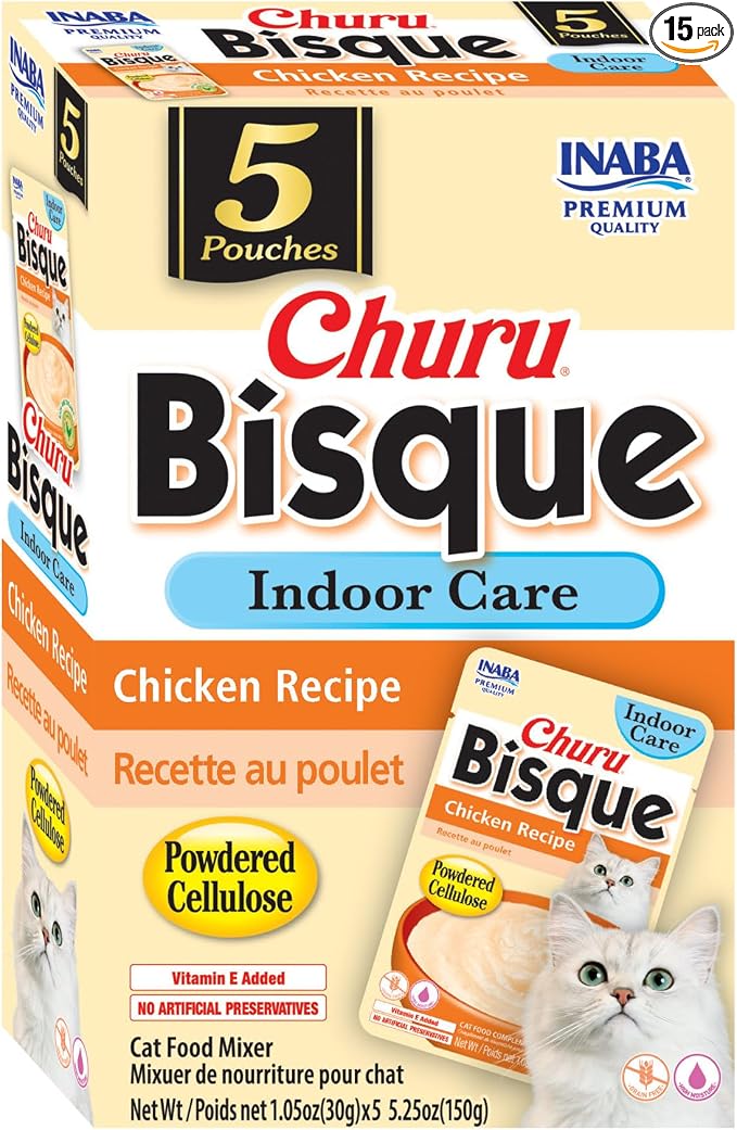 INABA Churu Bisque Indoor Care for Hairball Control for Cats, Creamy Lickable Purée Side Dish with Vitamin E, 1.05 Ounce Pouch, 15 Pouch, Chicken Recipe
