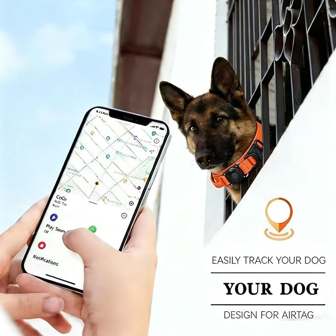Upgraded AirTag Dog Collar,Waterproof Tactical Dog Collar with AirTag Holder, Control Handle and Metal Buckle,Heavy Duty Dog Collars for Large Dogs(Orange，L