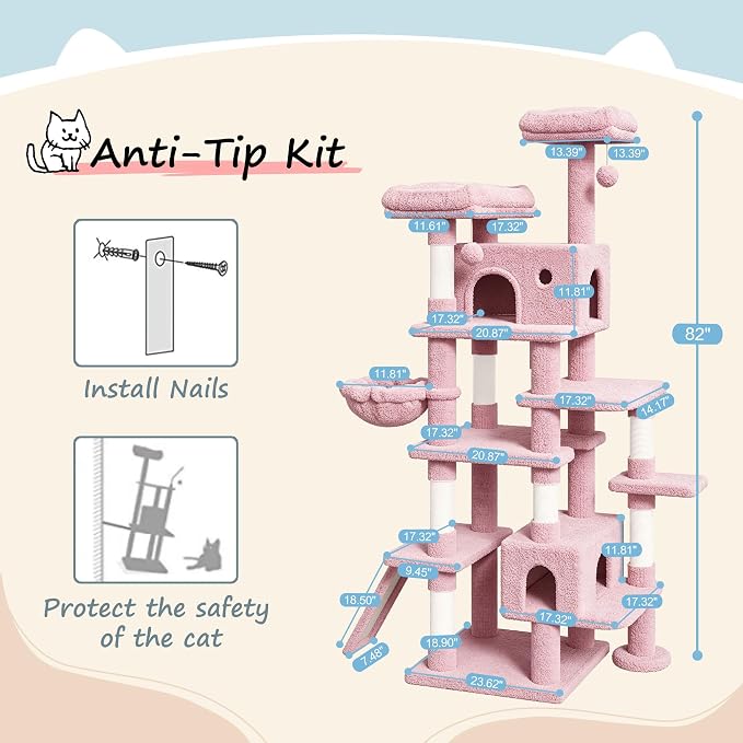 SHA CERLIN 82 inch, Multi-Level Cat Tree Tower for Indoor Cats, Cat Condo with Sisal Scratching Posts, Plush Perches, Hammocks, Toy Balls, Pink