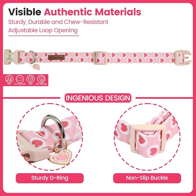 Lionheart glory Valentine's Day Dog Collar - Pink Heart Dog Collar Adjustable Soft for Small Puppy Girl Boy Dogs Spring Party Holiday Pet Collars