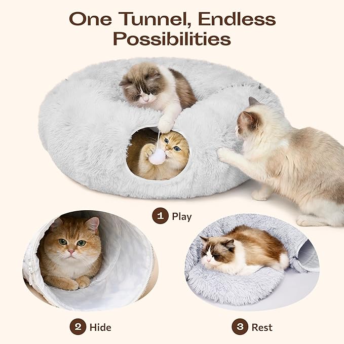 MEOWFIA Indoor Cat Tunnel with Donut Bed - Large Flexible Play Space for Multiple Pets - Circle or Snake Shape, Cozy Lounge (Gray)