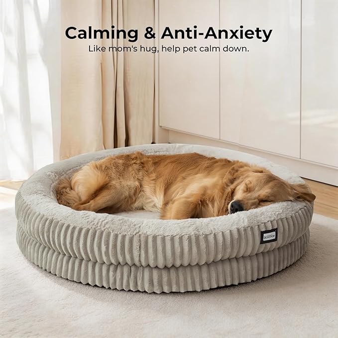 BALANCE Donut Dog Bed, 43 Inches Round Dog Bed Extra Large Size Dogs Washable, Orthopedic Calming Dogs Beds for Pets, Fluffy Plush Faux Fur Pet Bed with Anti-Slip Bottom