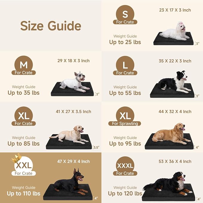 XXL Dog Bed, Waterproof Dog Crate Bed, Reversible Outdoor Dog Bed for Crate, Kennel Beds for Large Dogs, Waterproof, Wipeable, Anti-Slip, Washable, 47" x 29", Black
