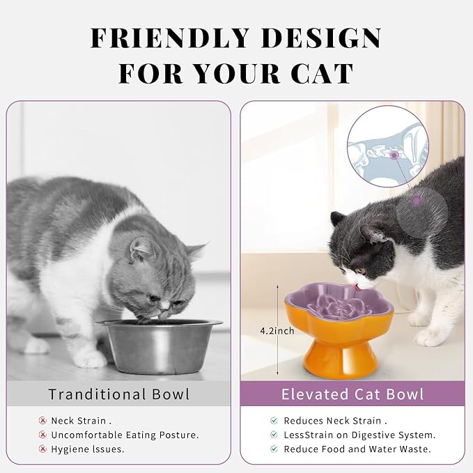 S&Q's Ceramics Raised Slow Feeder Cat Bowl, Ceramic Elevated Food Bowl Small Dogs Slow Feeder, Flower Shaped Cute Pet Dish for Dry and Wet Food (Purple, 5.8")