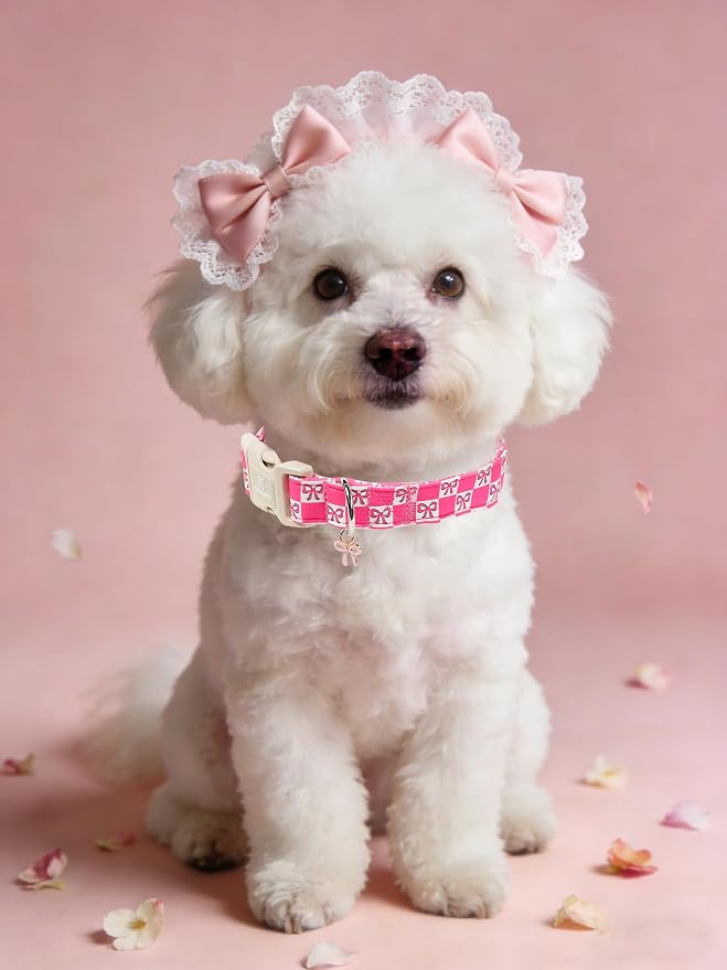 Maca Bates Pink Basic Dog Collar with Sailor Bow Charm for Extra Large Girl Dogs, Girly Cute Checkered Bowtie Pattern,Feminine Style,Adjustable Durable Soft Collars Birthday Gift for Female Puppy