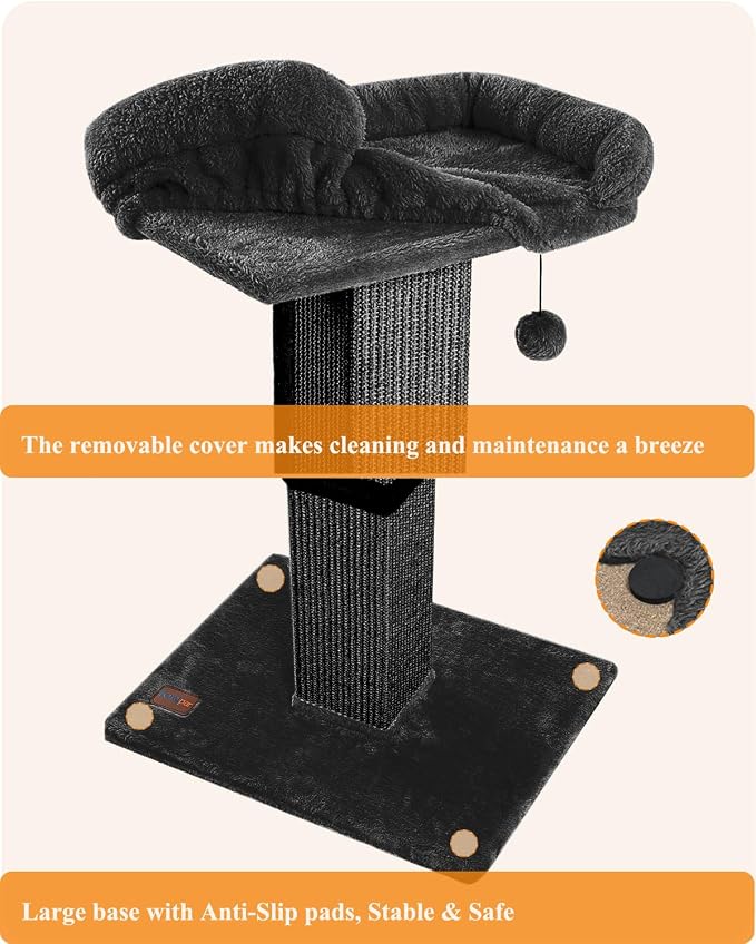 Karolpar 32" Cat Scratching Post for Indoor Cats, Sisal Cat Scratcher with Plush Perch, Large Scratch Post with Bed, Removable Cover, Sisal Fabric,Black