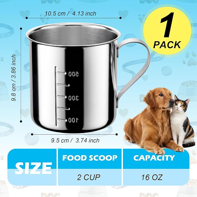 Dog Food Scoop 2 Cup,304 Stainless Steel Measuring Cups with Handle Pet Food Scoop Cup Measuring Scoop for Dogs, Cats, Birds & Rabbits – Ideal for Dry Food & Treats (2 Cup)