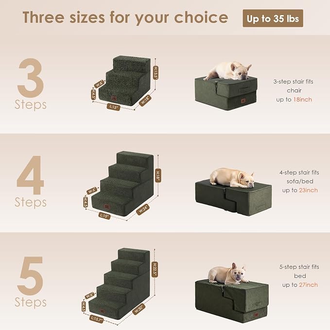 EHEYCIGA Dog Stairs for Bed 18" H, 4-Step Dog Steps for High Bed, Pet Steps for Small Dogs and Cats, Non-Slip Balanced Pet Ramp Indoor, Military Green