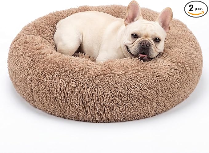 Calming Dog Bed for Medium Dogs Washable Donut 30 inches Anti-Slip Pet Bed,Round Fluffy Plush Faux Fur Cat Bed,Fits up to 45 lbs Pets,Camel