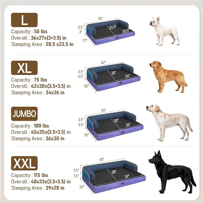 Comfort Expression Extra Large Dog Bed Orthopedic - XL Waterproof Washable Pet Bed for Big Dog Memory Foam Sofa Bolster Pet Couch with Removable Cover - 42 x 30