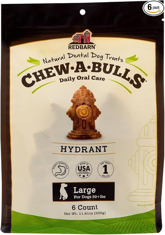 Redbarn Chew-A-Bulls, 6 Pack – Large Hydrant Shape Dog Dental Treats – Daily Oral Care with Fun Ridges & Grooves, All Natural Ingredients, Highly Digestible Chews & Low in Fat