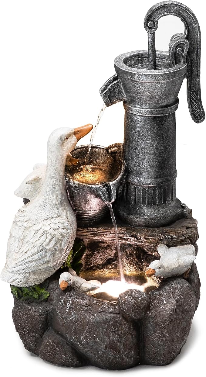 Glitzhome 24" Farmhouse Duck Outdoor Fountain with LED & Pump – 2-Tier Cascading Water Fountain for Outside Garden Decor - Rustic Waterfall for Backyard, Garden, or Patio Decor