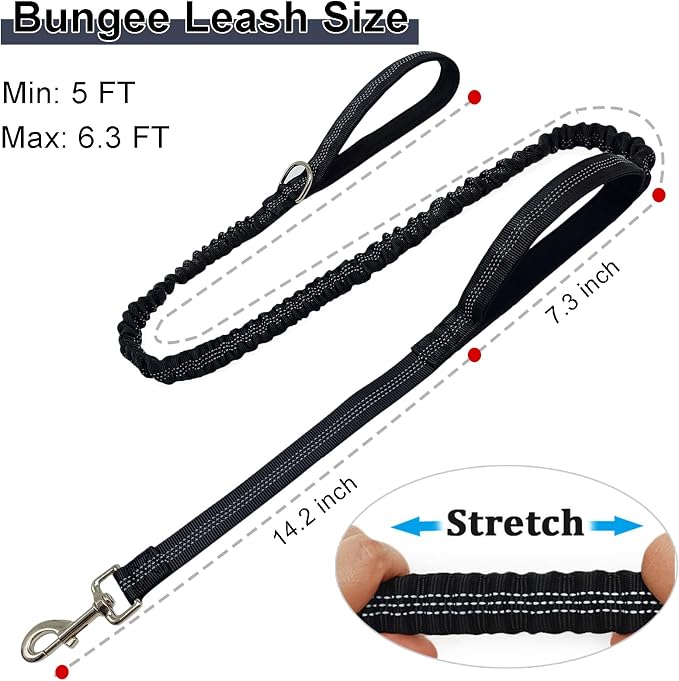 5FT Bungee Dog Leash with 2 Handles, Reflective Strong Nylon Traffic Leash, Shock Absorbing Lead for Large Medium Dogs Walking Training Controlling, Black