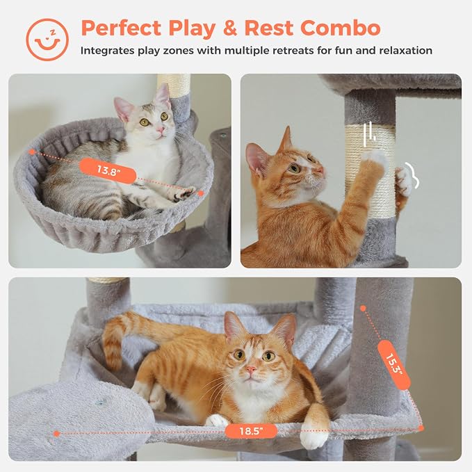 69” Tall Cat Tree for Indoor Cats Large Adult, Multi-Level Cat Tower with Scratching Post, Dual Top Perches, Big Hammock & 2 Spacious Condos, Cat Furniture for Multi-Cat Households, Grey