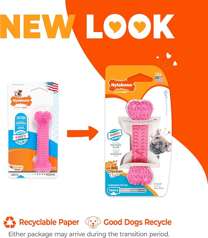 Nylabone Textured Teething Bone Puppy Chew Toy, Soothing Puppy Teething Bone, Enrichment Toy for Puppies, Pink, Chicken Flavor, X-Small Dogs - Up to 15 Ibs, 1 Count