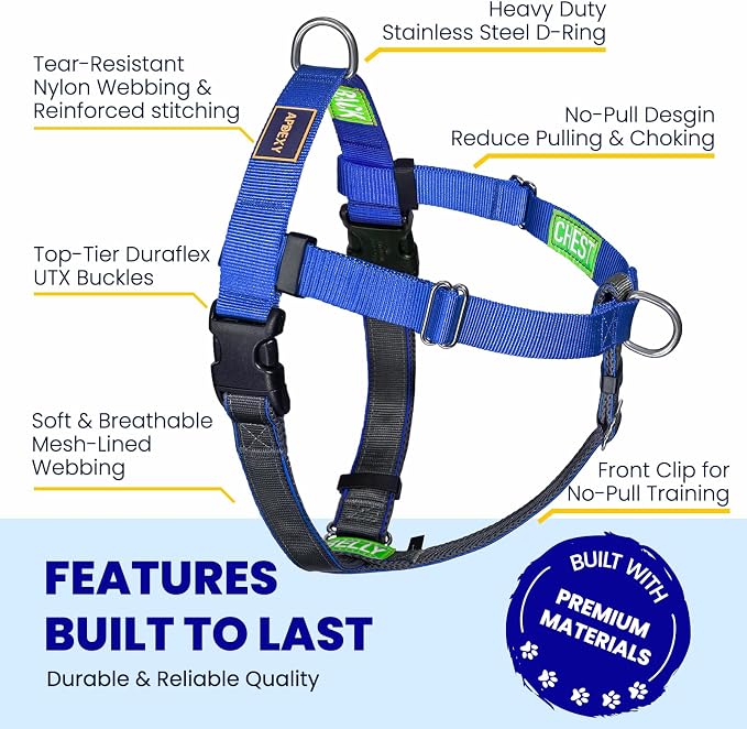 Freedom No Pull Dog Harness for Large Dogs, Front Clip, Easy Walker, Anti Pull with Two Stainless D-Rings, Comfortable, Sewn-in Instructions Tags for Easy Use (Blue, XXL)