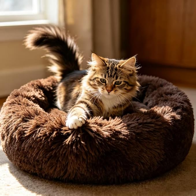 Cat Beds for Indoor Cats - Pet Beds Washable 24 inches, Dog Beds for Small Medium Dogs, Anti Anxiety Round Fluffy Plush Faux Fur Cat Bed, Thick Bottom (Coffee, Large 24" L x 24" W)