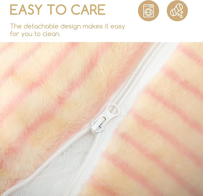 Hollypet Cat Bed Fluffy Plush Multifunctional Double-Layer Machine Washable Soft Warming Kitty Pet Couch Orthopedic Nest Beds for Small Cats Kitten and Dogs up to 13lbs, Pink Stripes(21x15x8 inch)