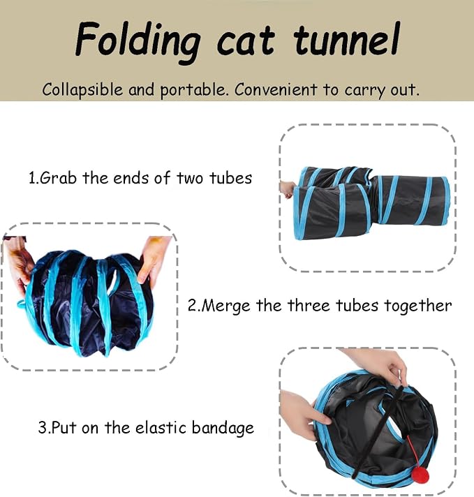 3-Way Collapsible Cat Tunnel Tube Toy Black Blue — Interactive Play Tunnel with Hanging Ball & Peek Hole for Indoor Cats, Kittens, Puppies & Rabbits | Hours of Fun & Exercise