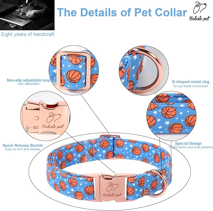 Adjustable Boy Dog Collar - Cute Blue Basketball Print Dog Collars for Medium Dogs, Durable Pet Heavy Duty Metal Buckle Collar M
