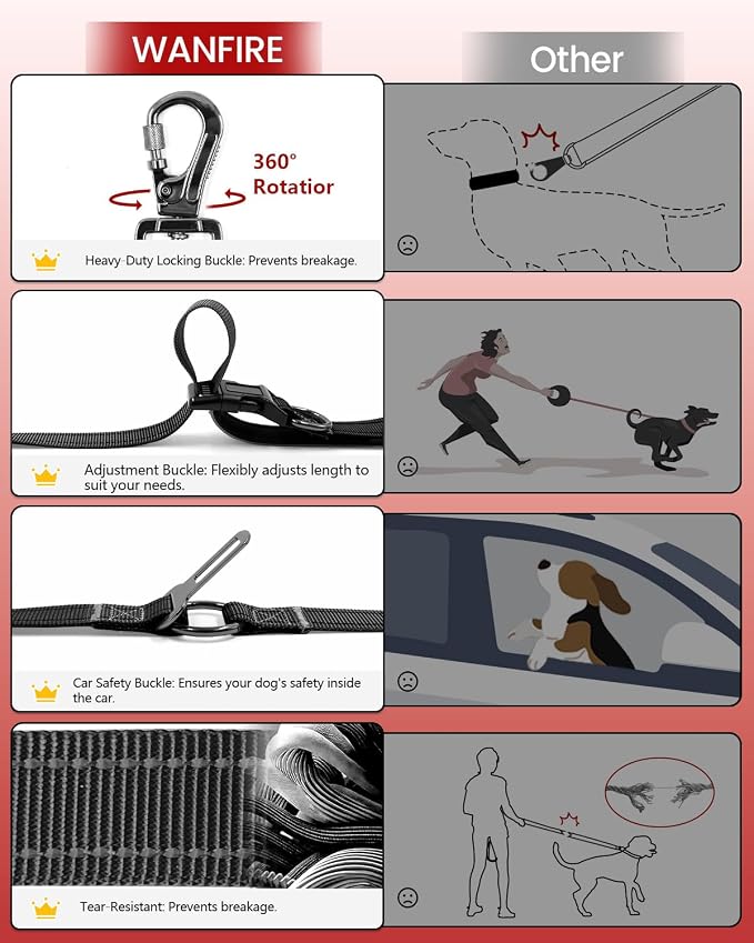 Hands Free Dog Leash & Car Seatbelt, 5.3-7.9ft Crossbody Dog Belt with Dual Soft Handles, Shock-Absorbing, 360° Clip, Reflective Design for Walking, Running, Hiking, Travel. (Black)