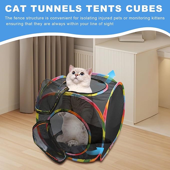 Cat Cube Tent, Rolling Cat Cube, Mesh Cube for Cats, Pet Play Cubic Outdoor, Folding Pop Open Pet Animal Playpen, Ventilated Pets Playhouse for Puppy Kitten Bunny (Black)