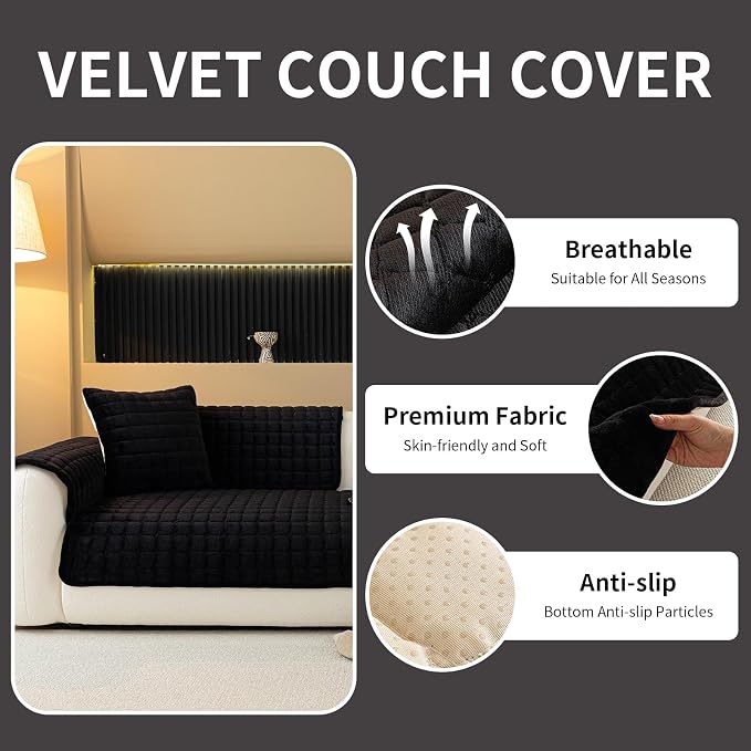 Velvet Couch Cover, Plush Sectional Sofa Cover Washable, Anti Slip Sofa Slipcover for 4 Cushions Sofas, Furniture Protector Covers for Pets & Kids(1PC, Black, 35.4"×94.5", 4-Seater)