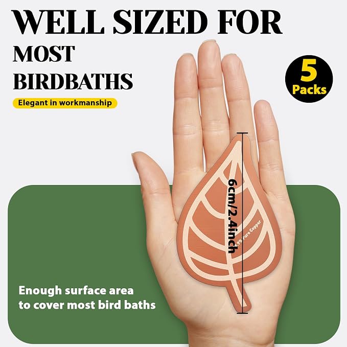 5Pcs Bird Bath Copper Disk 99.99% Pure Copper Purification Disk 0.6mm for Clean Water via Natural Physics Universal Fit for All Season Outdoor Birdbaths,Bowls and Garden Fountains(Leaf)