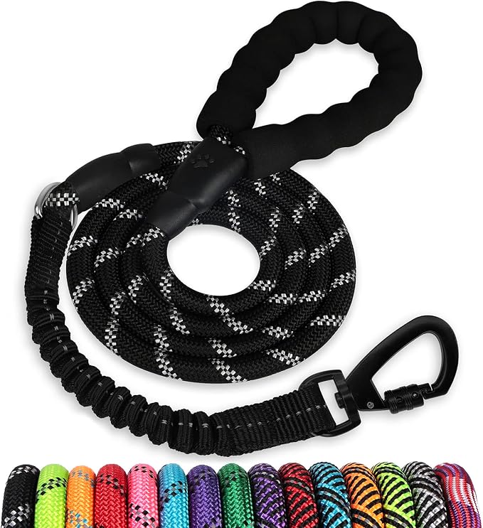 Rope Dog Leash 4 FT: Heavy Duty Leashes with Swivel Lockable Hook Reflective Threads Bungee and Padded Handle - Dog Lead for Large Small Medium Dogs Outside Walking Hiking Black
